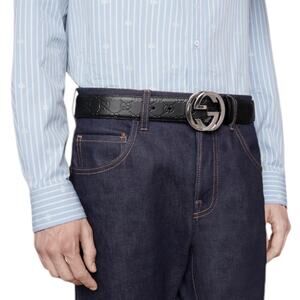 Gucci Interlocking G Buckle Signature Leather Belt GG Logo Black Size 90/36